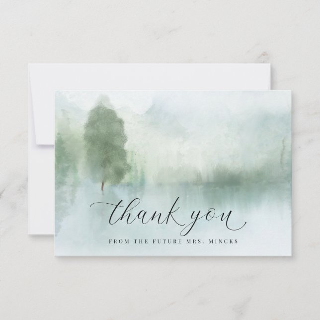 Tarjeta De Agradecimiento Watercolor Lake Trees Mounes Bridal Shower (Anverso)