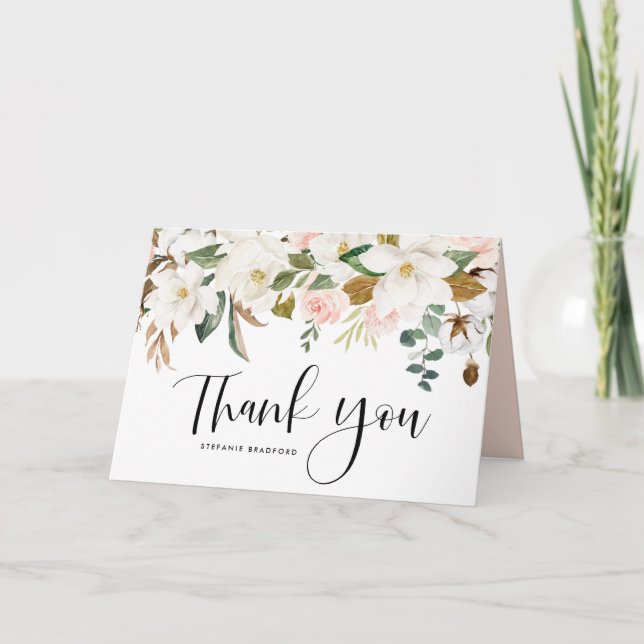 Tarjeta De Agradecimiento Watercolor Magnolia Cotton Garland Boda (Anverso)