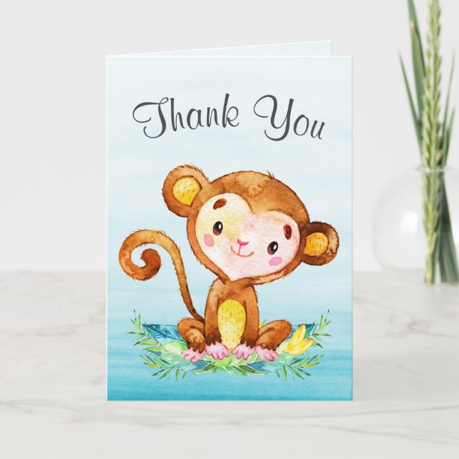 Tarjeta De Agradecimiento Watercolor Monkey Boy Gracias (Anverso)