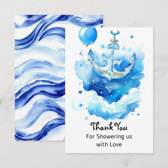 Tarjeta De Agradecimiento Watercolor Nautical Boy Baby Shower (Anverso / Reverso)