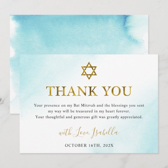Tarjeta De Agradecimiento Watercolor Pastel Blue Gold Bat Mitzvah (Anverso / Reverso)