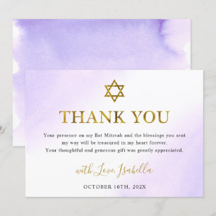 Tarjeta De Agradecimiento Watercolor Pastel Morple Gold Bat Mitzvah