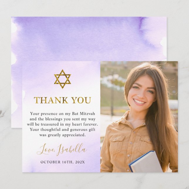 Tarjeta De Agradecimiento Watercolor Pastel Morple Gold Bat Mitzvah Foto (Anverso / Reverso)