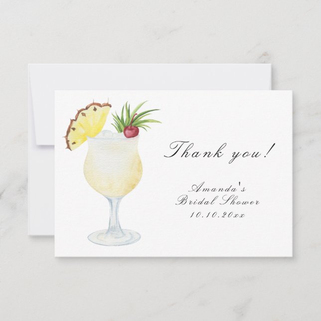 Tarjeta De Agradecimiento Watercolor Pina Colada Cocktail Bridal Shower (Anverso)