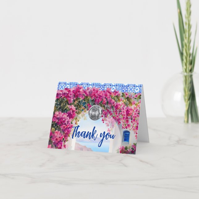 Tarjeta De Agradecimiento Watercolor Pink Bougainvillea Flowers Blue Tile (Anverso)