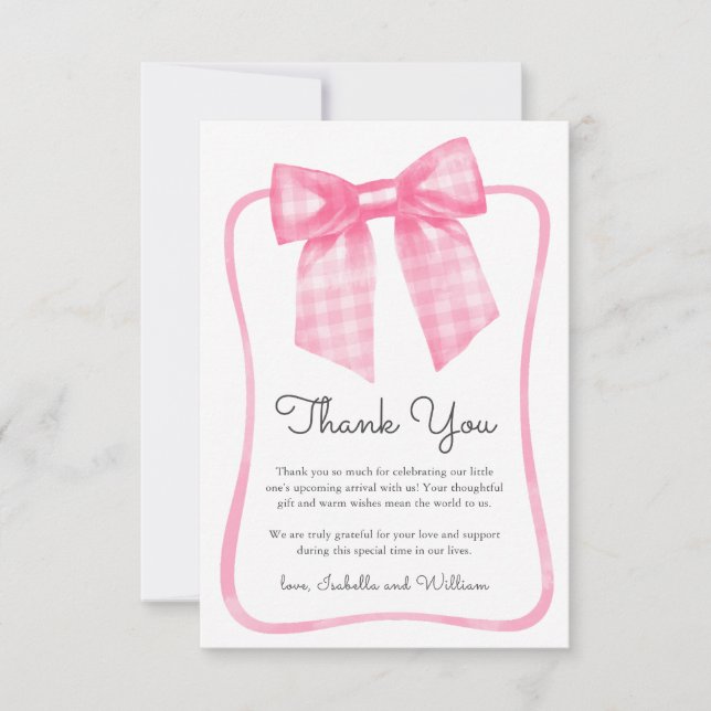 Tarjeta De Agradecimiento Watercolor Pink Gingham Bow Baby Shower (Anverso)