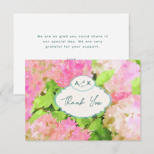 Tarjeta De Agradecimiento Watercolor Pink Hydrangea Garden Wedding Monogram  (Anverso / Reverso)