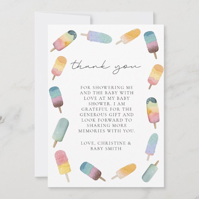 Tarjeta De Agradecimiento Watercolor Popsicle Baby Shower (Anverso)