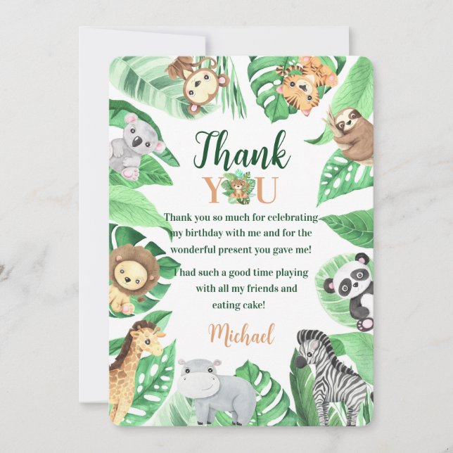 Tarjeta De Agradecimiento Watercolor Safari Animals Wild One Birthday (Anverso)