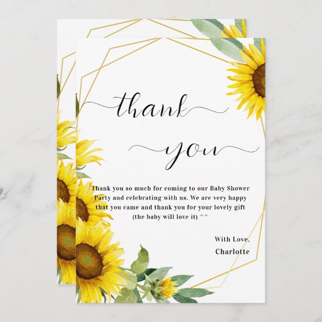Tarjeta De Agradecimiento Watercolor Sunflower Baby Shower (Anverso / Reverso)