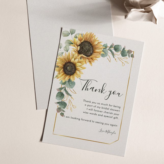 Tarjeta De Agradecimiento Watercolor Sunflower Eucalyptus Bridal Shower (Floral Sunflower Eucalyptus Wedding Thank You Card)