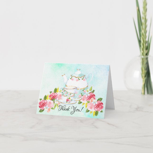 Tarjeta De Agradecimiento Watercolor Tea Fiesta Shower Gracias (Anverso)