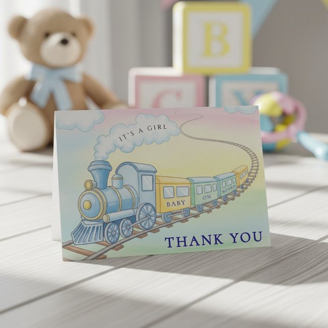 Tarjeta De Agradecimiento Watercolor Train Whimsical Baby Shower (Watercolor Train Whimsical Baby Shower Thank You Card
)