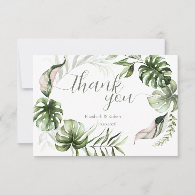 Tarjeta De Agradecimiento Watercolor Tropical Leaves Greenery  (Anverso)