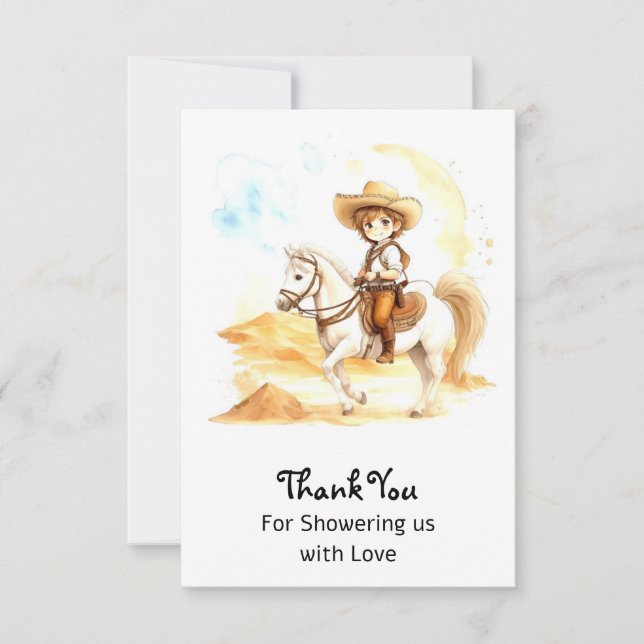 Tarjeta De Agradecimiento Watercolor Western Cowboy Baby Shower (Anverso)