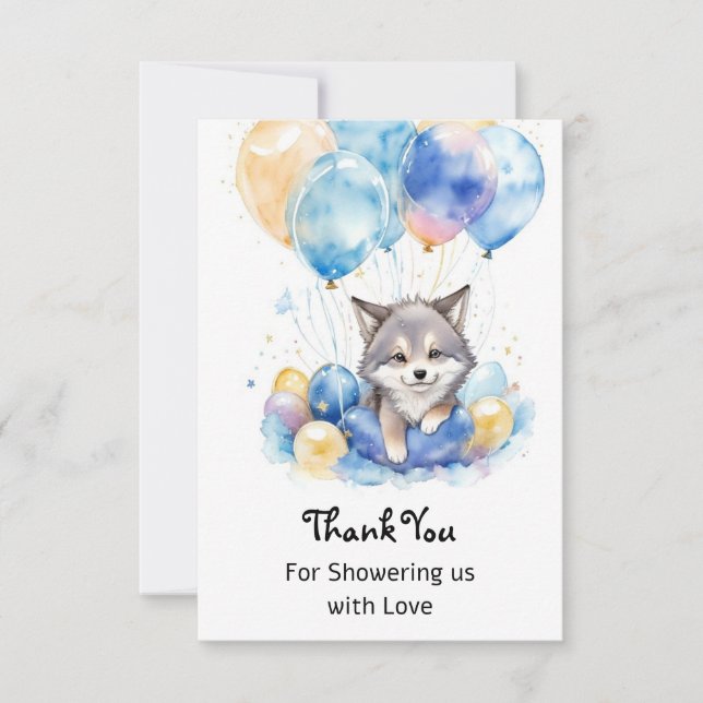 Tarjeta De Agradecimiento Watercolor Whimsical Wolf Cub Baby Shower (Anverso)