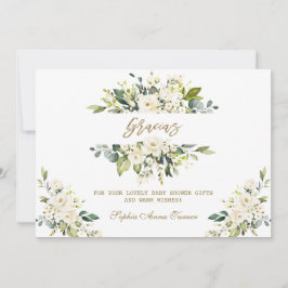 Tarjeta De Agradecimiento Watercolor White Floral Gold Gracias Baby Shower