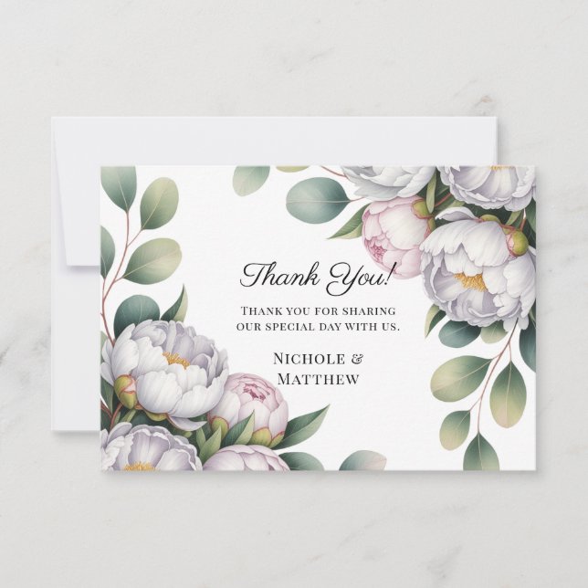 Tarjeta De Agradecimiento Watercolor White Peonies Wedding (Anverso)