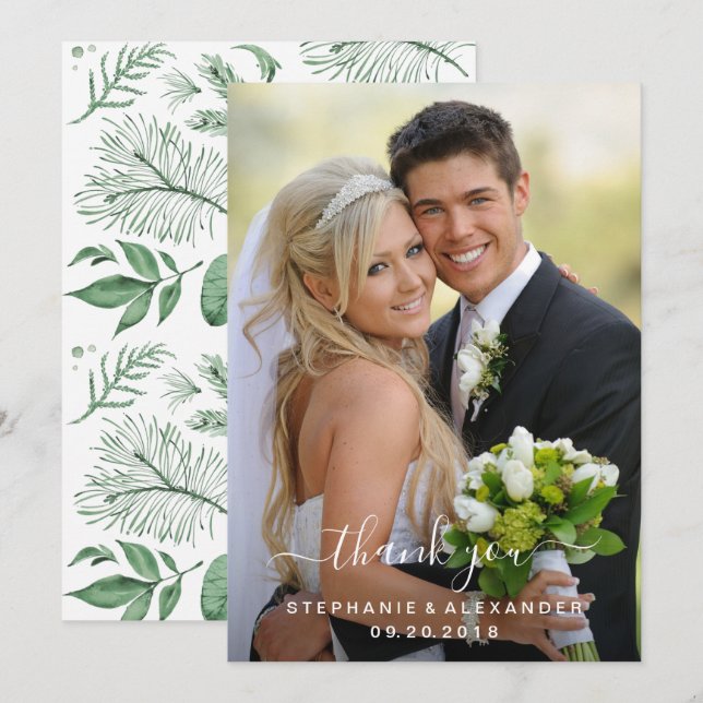 Tarjeta De Agradecimiento Watercolor Wild Leaves Hunter Green Boda (Anverso / Reverso)