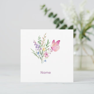 Tarjeta De Agradecimiento Watercolor Wildflower Bouquet with Pink Butterfly
