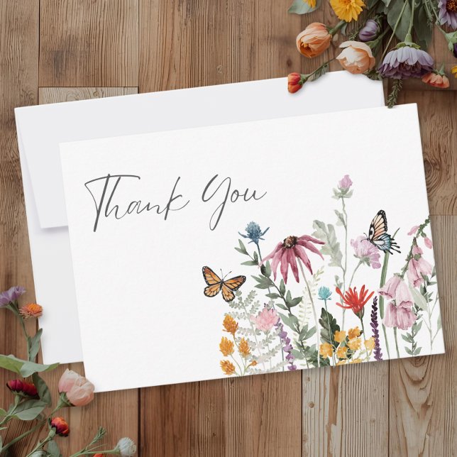 Tarjeta De Agradecimiento Watercolor Wildflower Butterfly Modern Wedding (Subido por el creador)