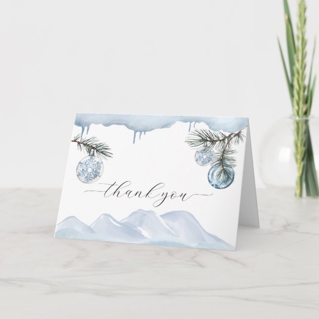 Tarjeta De Agradecimiento Watercolor Winter Mountain Snowflake Baby Shower  (Anverso)