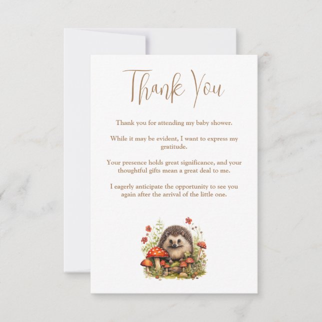 Tarjeta De Agradecimiento Watercolor Woodland Hedgehog Mushrooms Baby Shower (Anverso)