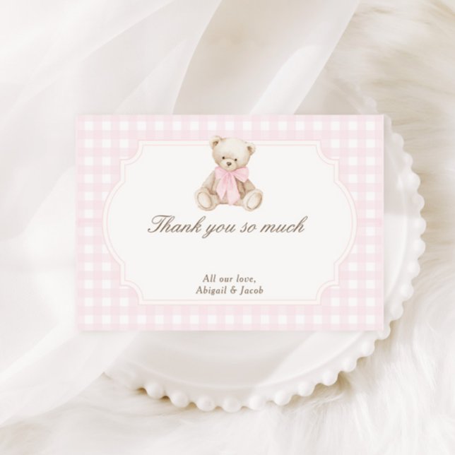Tarjeta De Agradecimiento We Can Bearly Wait Pink Gingham Teddy Bear Baby (Subido por el creador)
