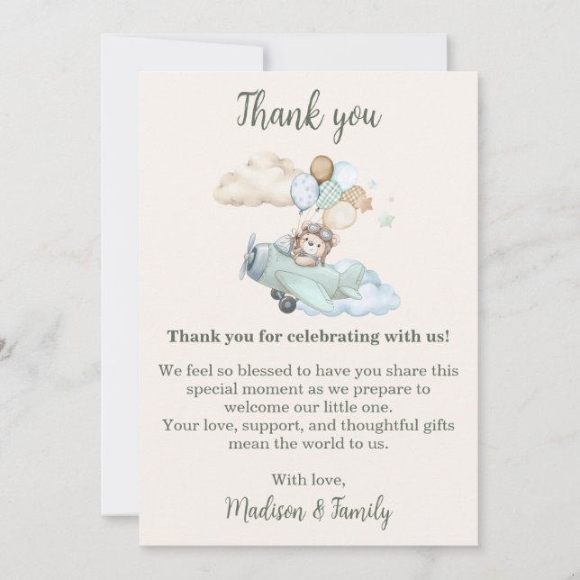 Tarjeta De Agradecimiento We Can Bearly Wait Teddy Bear Airplane Baby Shower (Anverso)
