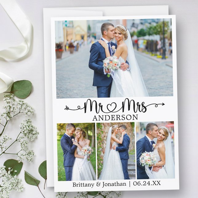 Tarjeta De Agradecimiento Wedding Calligraphy Heart Mr. and Mrs. 4 Photo (Customize to change your personalized text size or text style.)