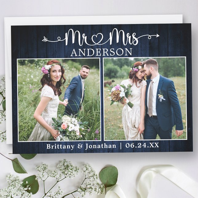 Tarjeta De Agradecimiento Wedding Calligraphy Heart Mr. Mrs. Blue Wood (Customize to change your personalized text size or text style.)