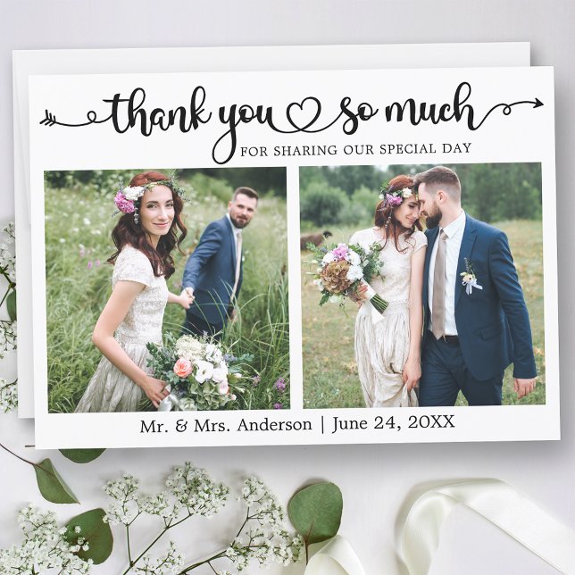 Tarjeta De Agradecimiento Wedding Calligraphy Script Heart 2 Photo (Customize to change your personalized text size or text style.)