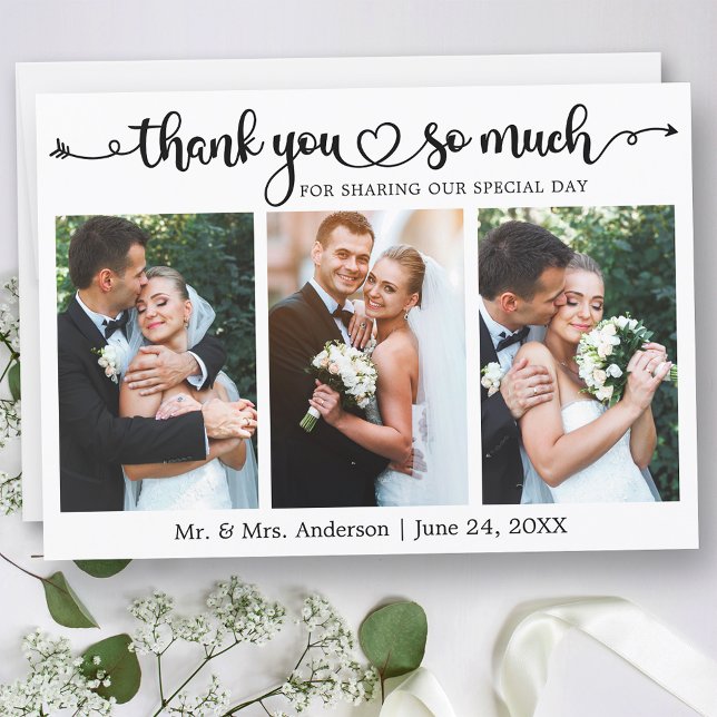 Tarjeta De Agradecimiento Wedding Calligraphy Script Heart 3 Photo (Customize to change your personalized text size or text style.)