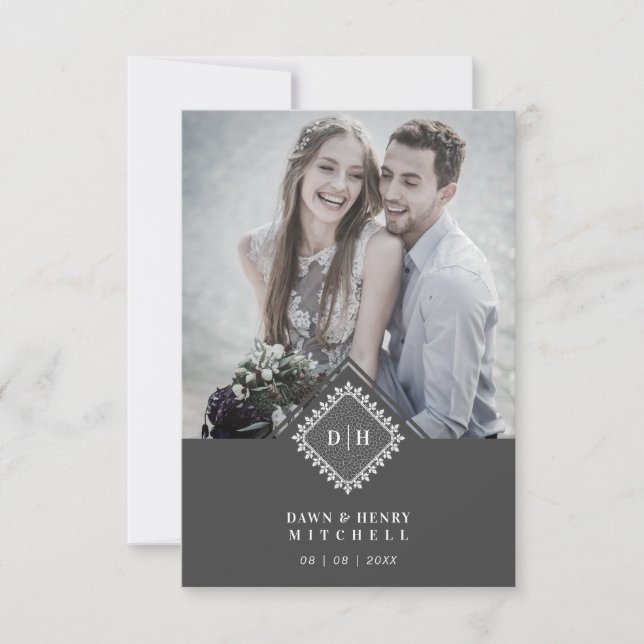 Tarjeta De Agradecimiento Wedding Initials Ornamental Lace Sophisticated (Anverso)