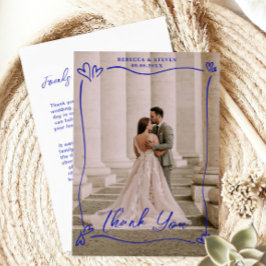 Tarjeta De Agradecimiento Wedding Photo Blue Doodle Heart Overprint Border