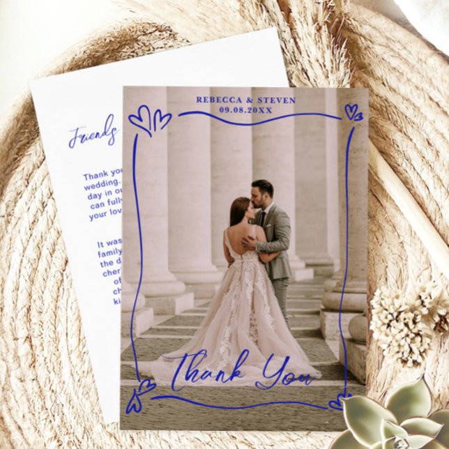 Tarjeta De Agradecimiento Wedding Photo Blue Doodle Heart Overprint Border (Subido por el creador)
