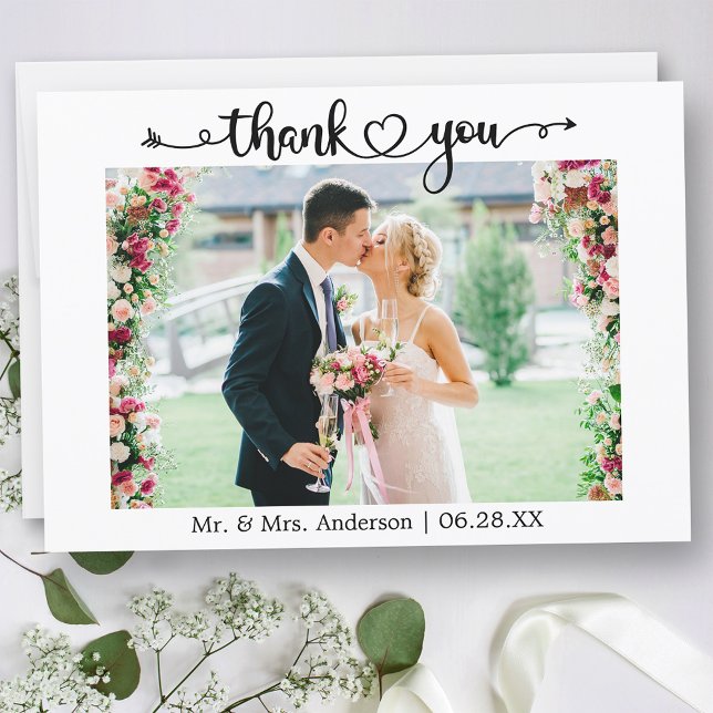 Tarjeta De Agradecimiento Wedding Photo Calligraphy Script Heart  (Customize to change your personalized text size or text style.)