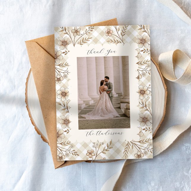Tarjeta De Agradecimiento Wedding Photo Guest Appreciation Gingham Floral (Subido por el creador)