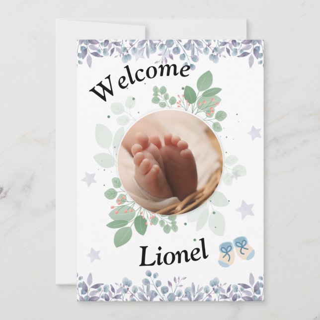 Tarjeta De Agradecimiento Welcome baby round photo boy (Anverso)