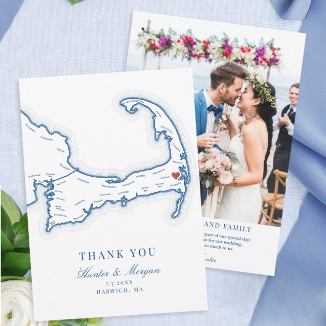 Tarjeta De Agradecimiento Wequassett Resort Boda de Cape Cod (Wequassett Resort Cape Cod Flat Thank You Card with Wedding Photo from Coastal Map Designs.)