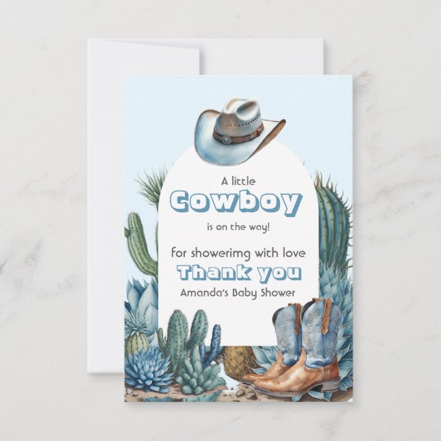 Tarjeta De Agradecimiento Western Blue Little Cowboy Rodeo Boy Baby Shower (Anverso)