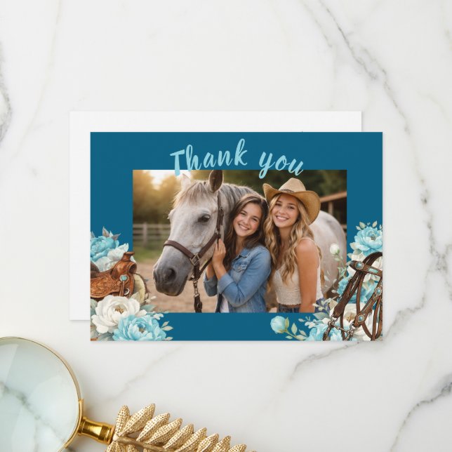 Tarjeta De Agradecimiento Western Horse Birthday Thank You Card – Navy (Anverso/Reverso In Situ)