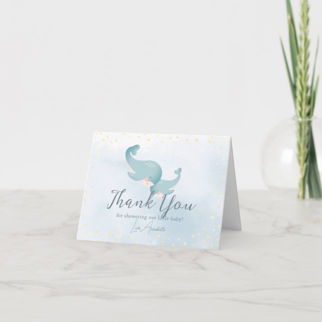 Tarjeta De Agradecimiento Whales Watercolor Blue Boy Baby Shower (Anverso)