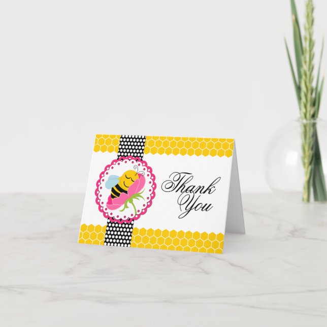 Tarjeta De Agradecimiento Whimsical Bee Baby Shower Pink Flower Gracias (Anverso)