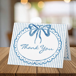 Tarjeta De Agradecimiento Whimsical Blue Watercolor Bow Stripe Wedding