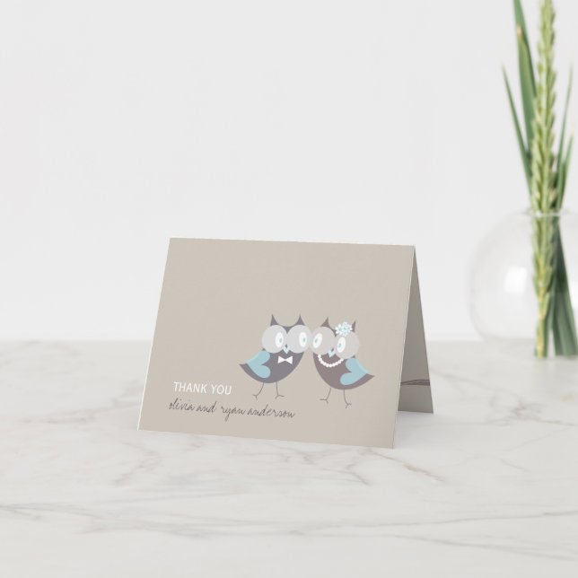 Tarjeta De Agradecimiento Whimsical Boda Brown Blue Ows Gracias (Anverso)