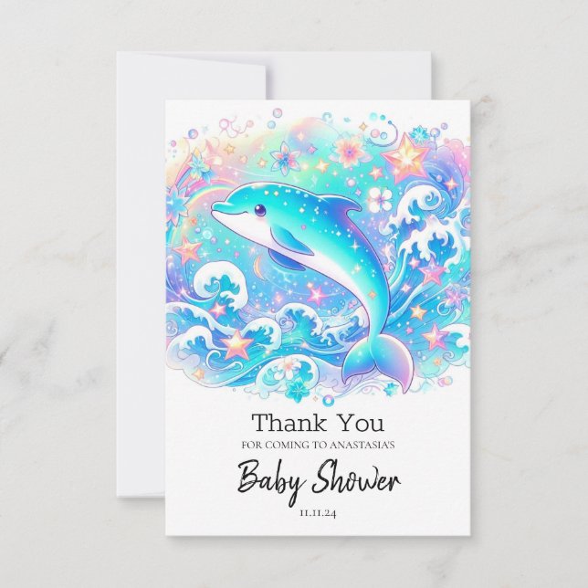 Tarjeta De Agradecimiento Whimsical Cute Dolphin Baby Shower (Anverso)