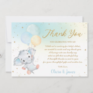 Tarjeta De Agradecimiento Whimsical Cute Elephant Balloons Baby Shower Boy