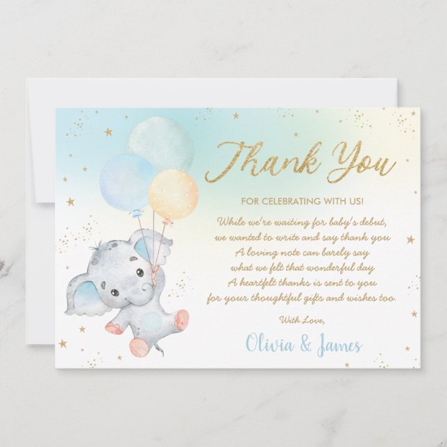 Tarjeta De Agradecimiento Whimsical Cute Elephant Balloons Baby Shower Boy  (Anverso)