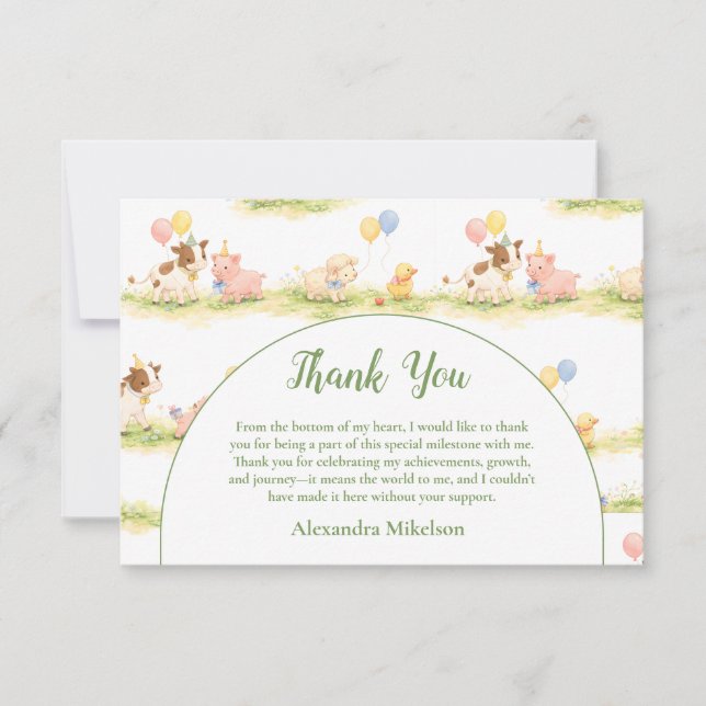 Tarjeta De Agradecimiento Whimsical Farm Animals Pastel 1st Birthday (Anverso)